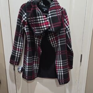 New York & Company Plaid Cape - Black, Red, White